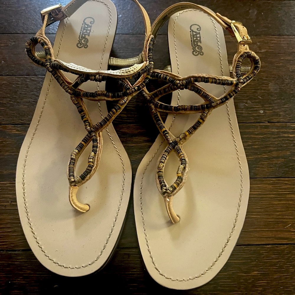 Size 10M Carlos Santana Gold and Brown Beaded Sandals